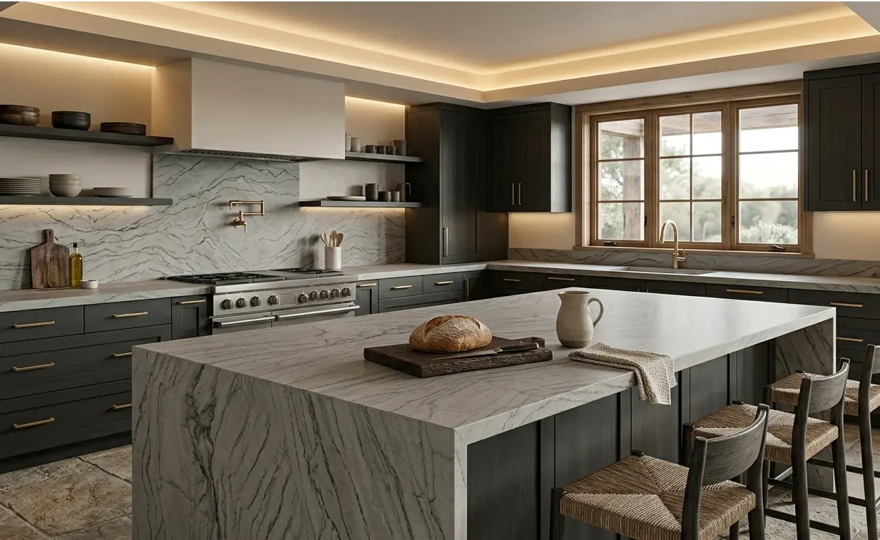 Conceptual rendering of matte granite countertops honed finish kitchen island with dark cabinetry and brass hardware