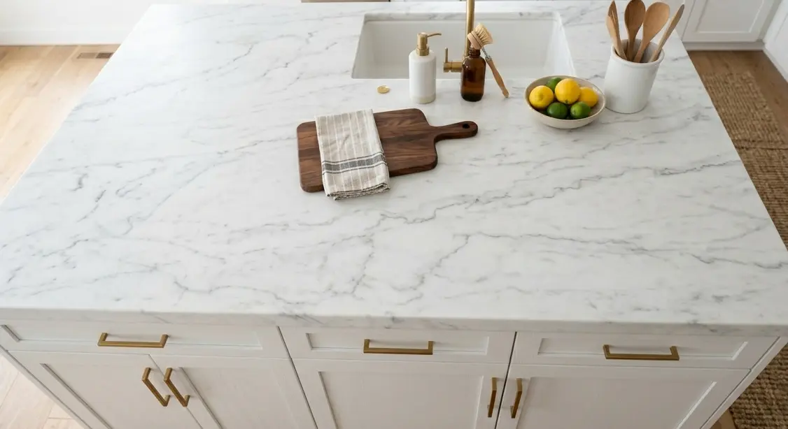 Conceptual rendering of matte Calacatta marble countertops with white cabinetry and brass hardware