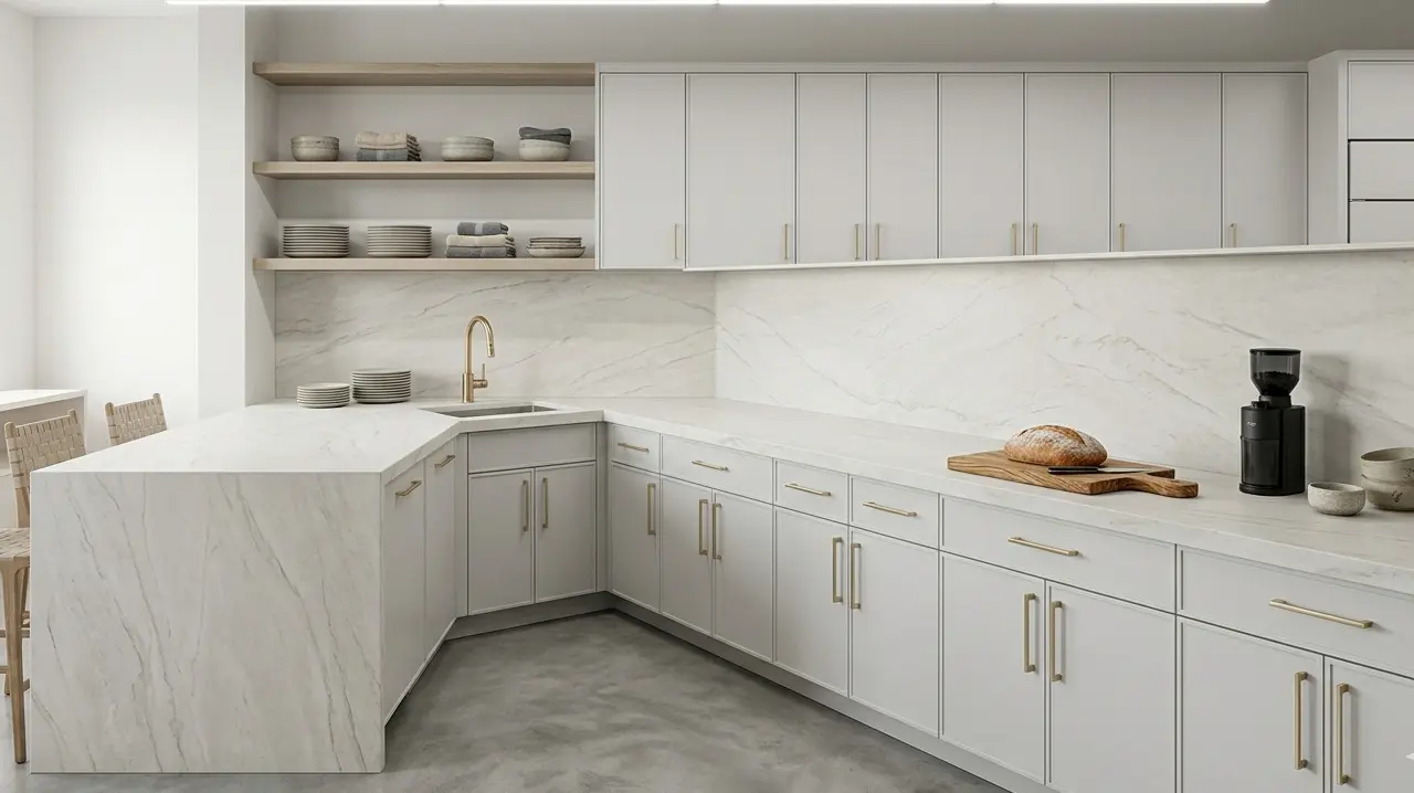 Conceptual rendering of matte quartzite countertops with honed finish in a modern kitchen with flat-panel cabinetry