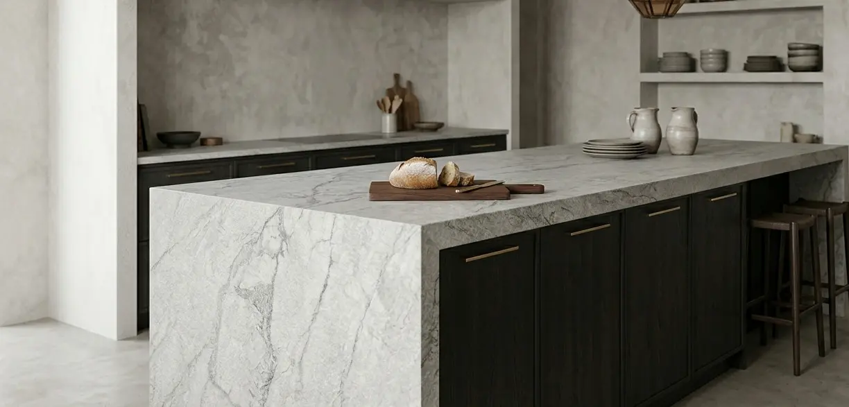 Conceptual rendering of leathered dolomite countertops kitchen island waterfall edge with natural textured finish and gray veining