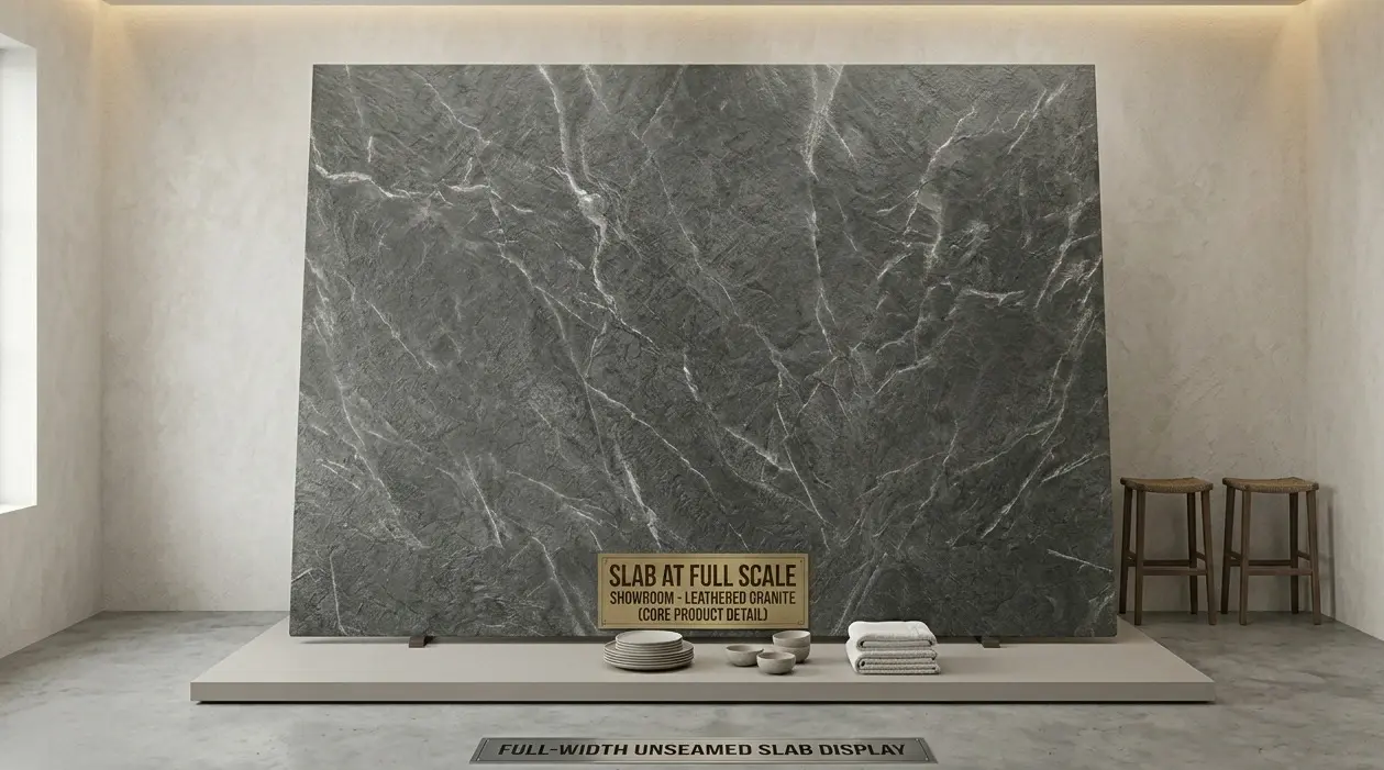 Conceptual rendering of leathered granite countertops full slab at showroom scale showing mineral pattern and textured surface