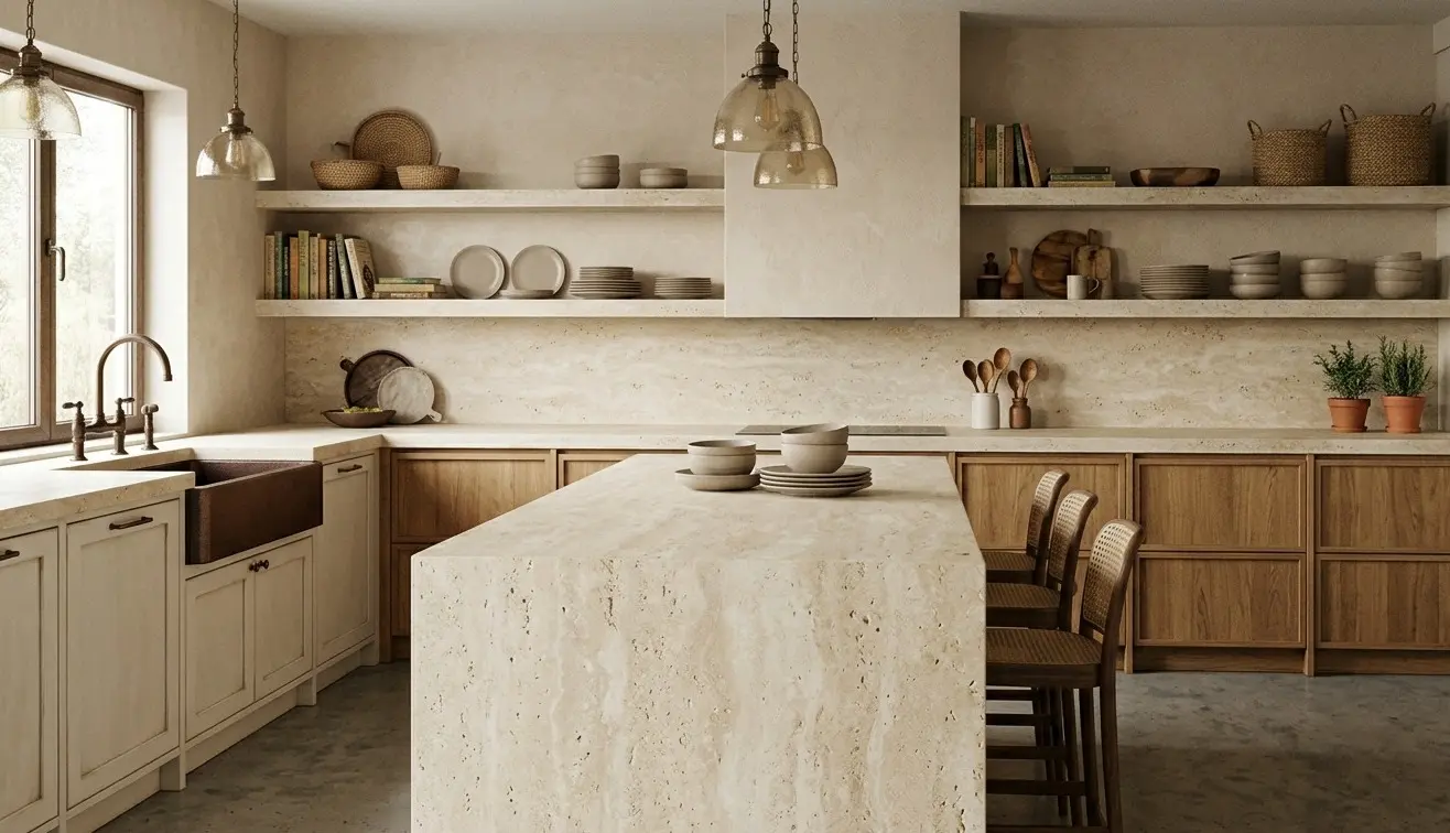 Conceptual rendering of leathered travertine countertops with warm ivory palette and textured finish in a transitional kitchen