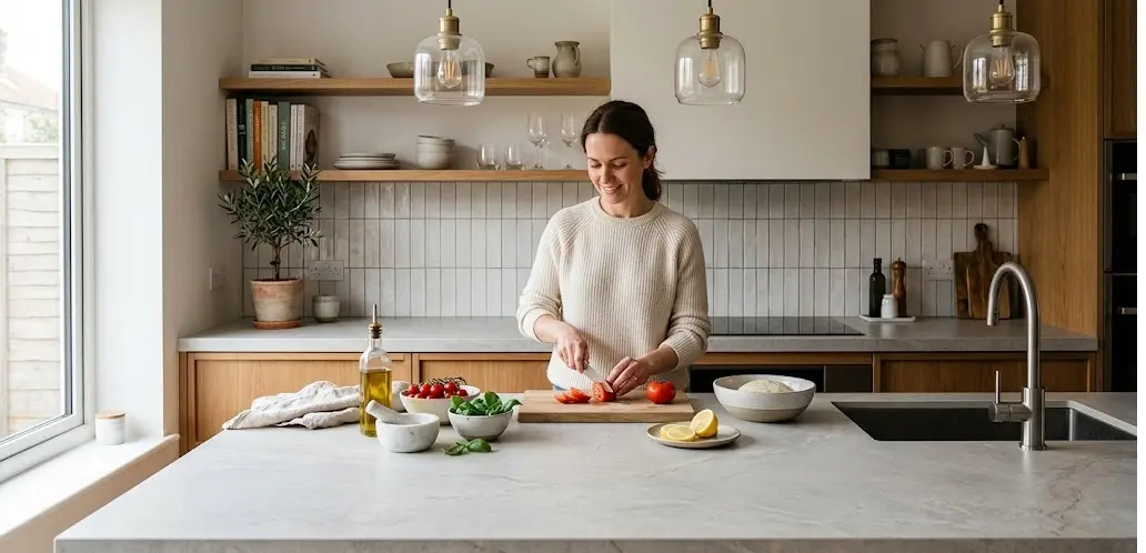 Conceptual rendering of honed porcelain countertop in kitchen