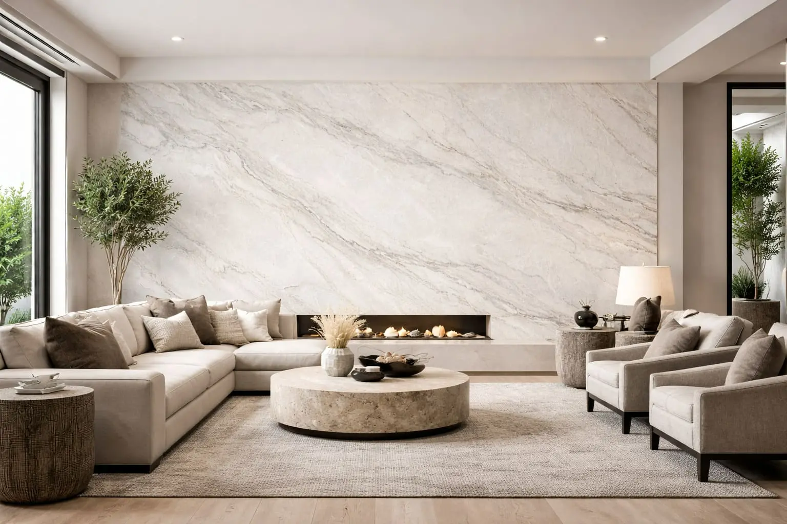 Off-white quartzite full-wall fireplace surround with soft grey veining in a modern living room with neutral furnishings and natural light