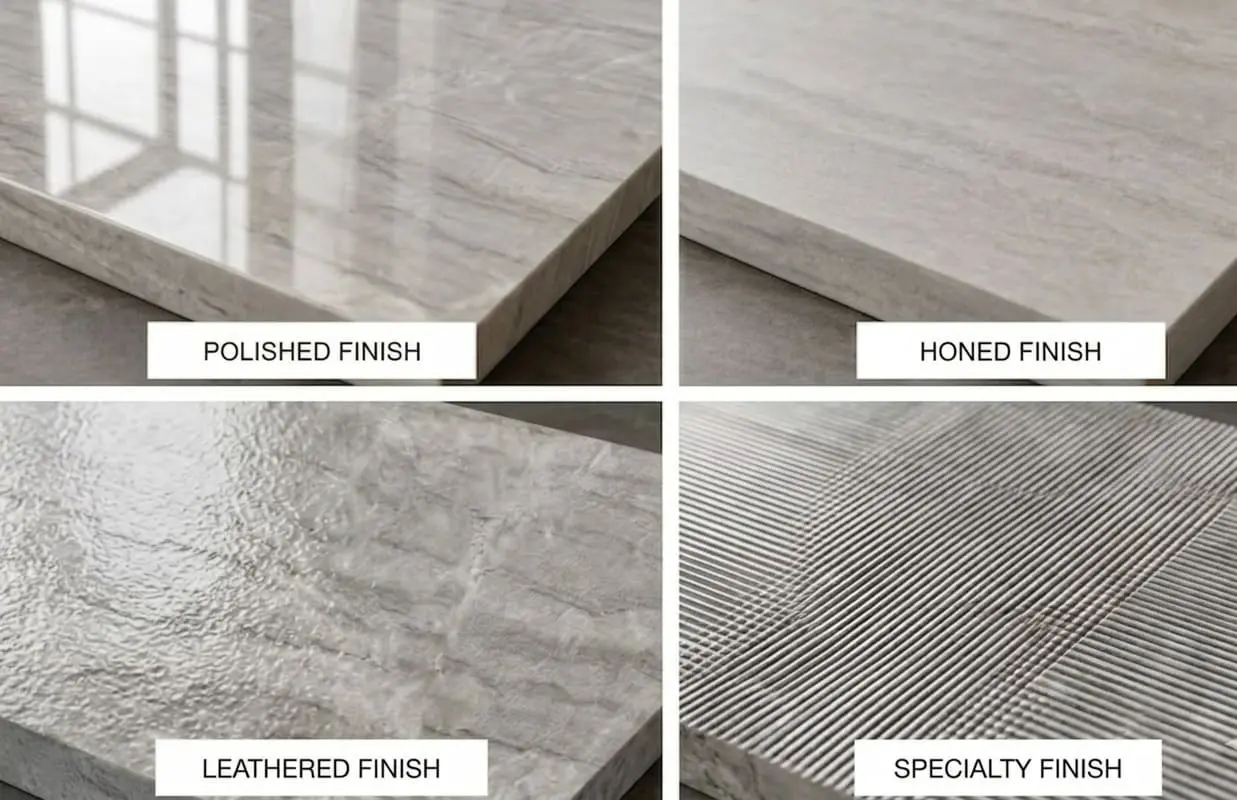 Four quartzite finish options: polished, honed, leathered, and specialty
