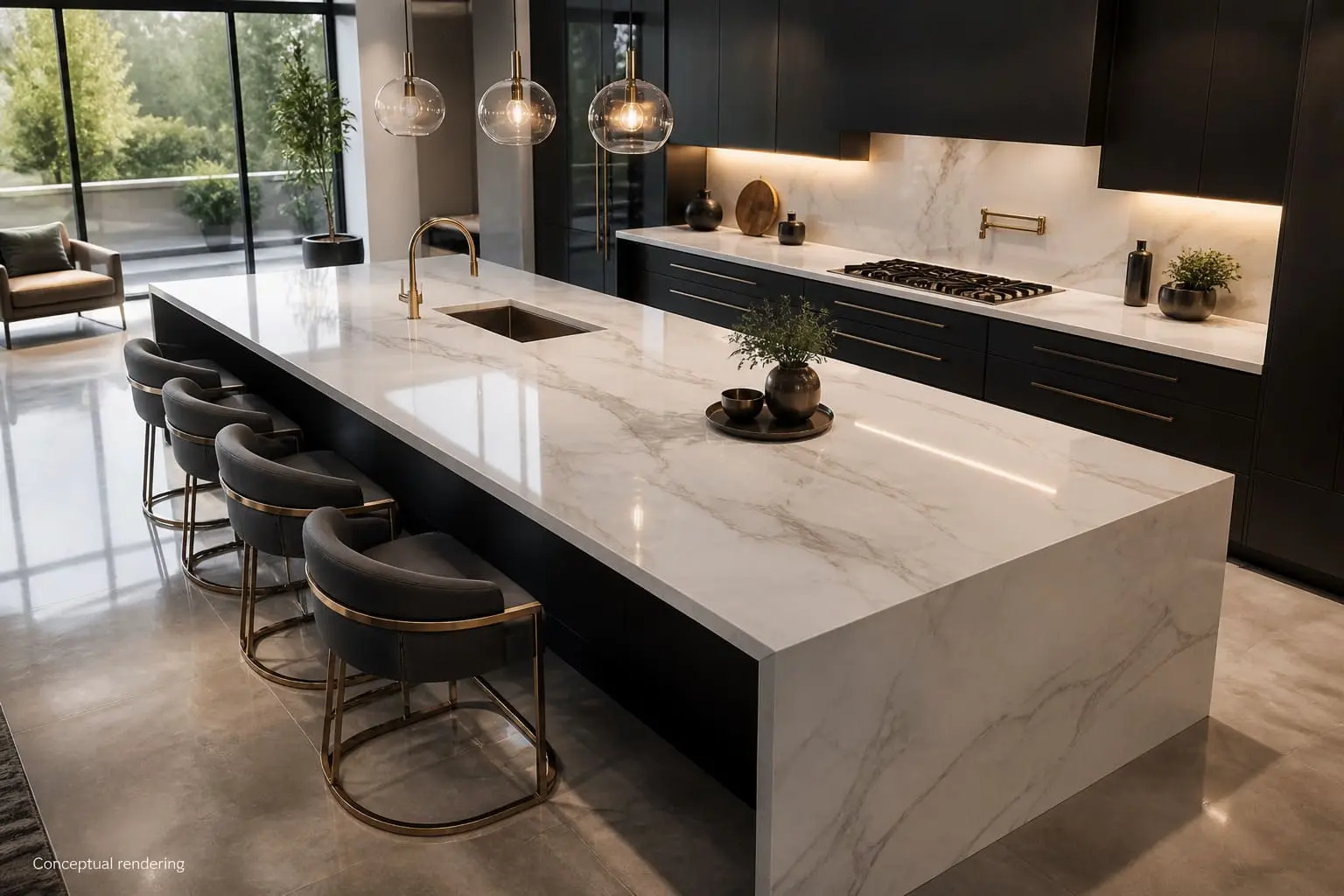 Conceptual rendering of polished porcelain countertops