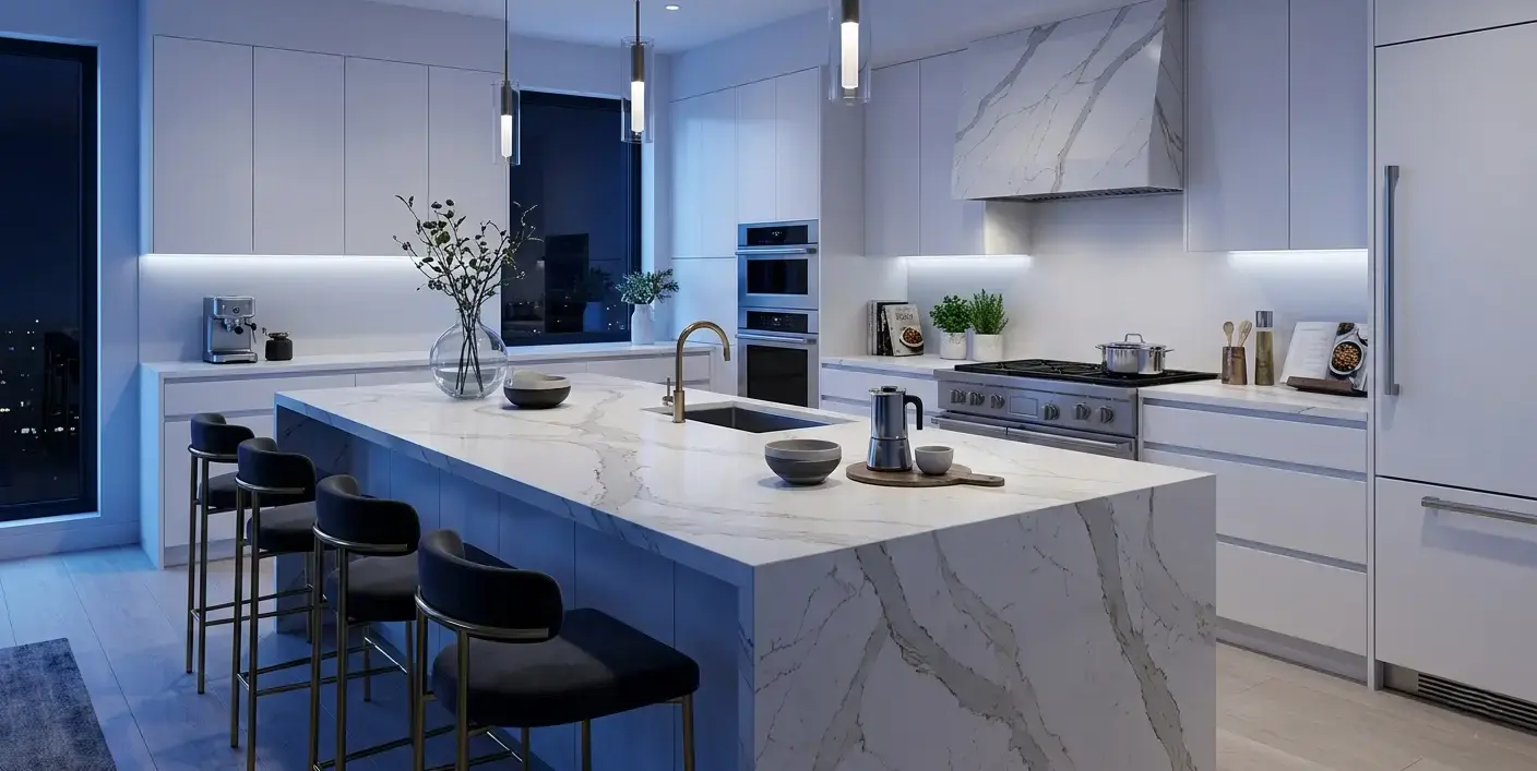 Conceptual rendering of a Calacatta marble kitchen island in a bright modern kitchen