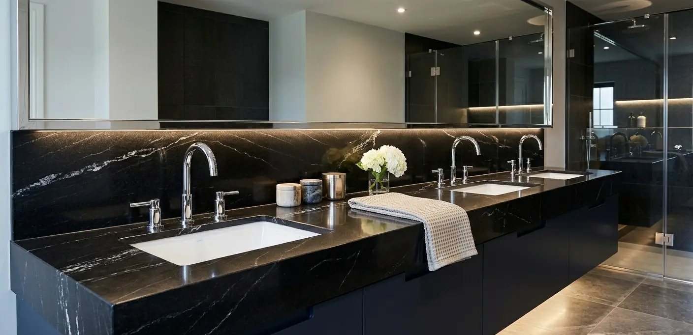 Conceptual rendering of black quartzite in bathroom vanity