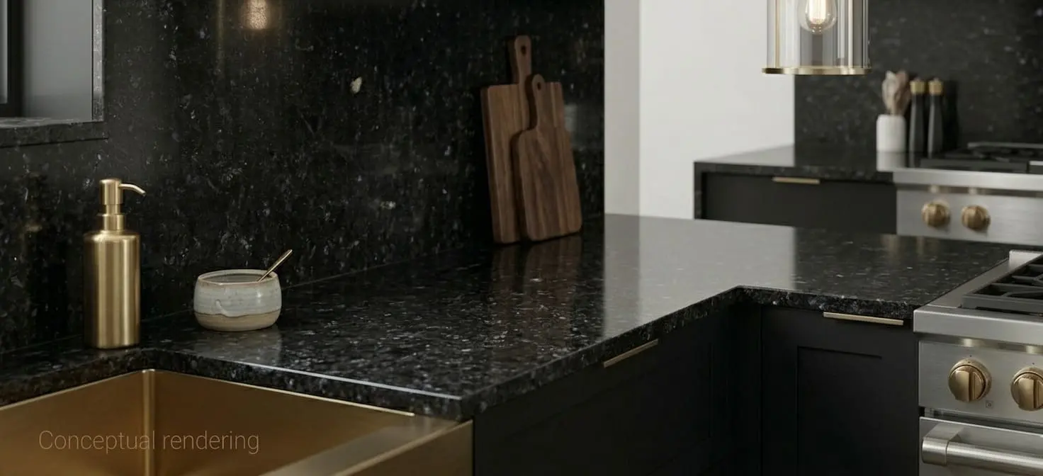 Modern kitchen featuring Black Pearl granite countertops and matching backsplash