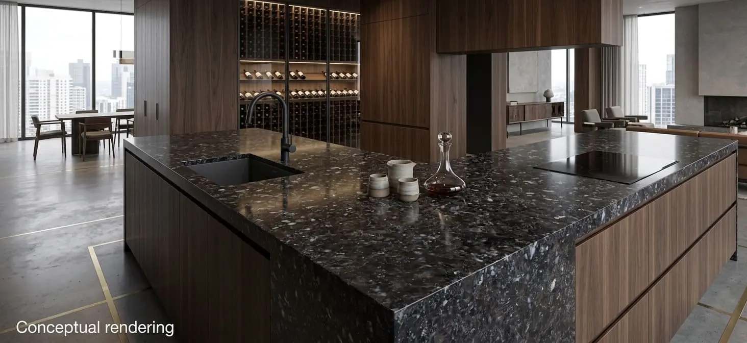 Conceptual rendering of modern dark kitchen island with a detailed Black Pearl granite waterfall countertop