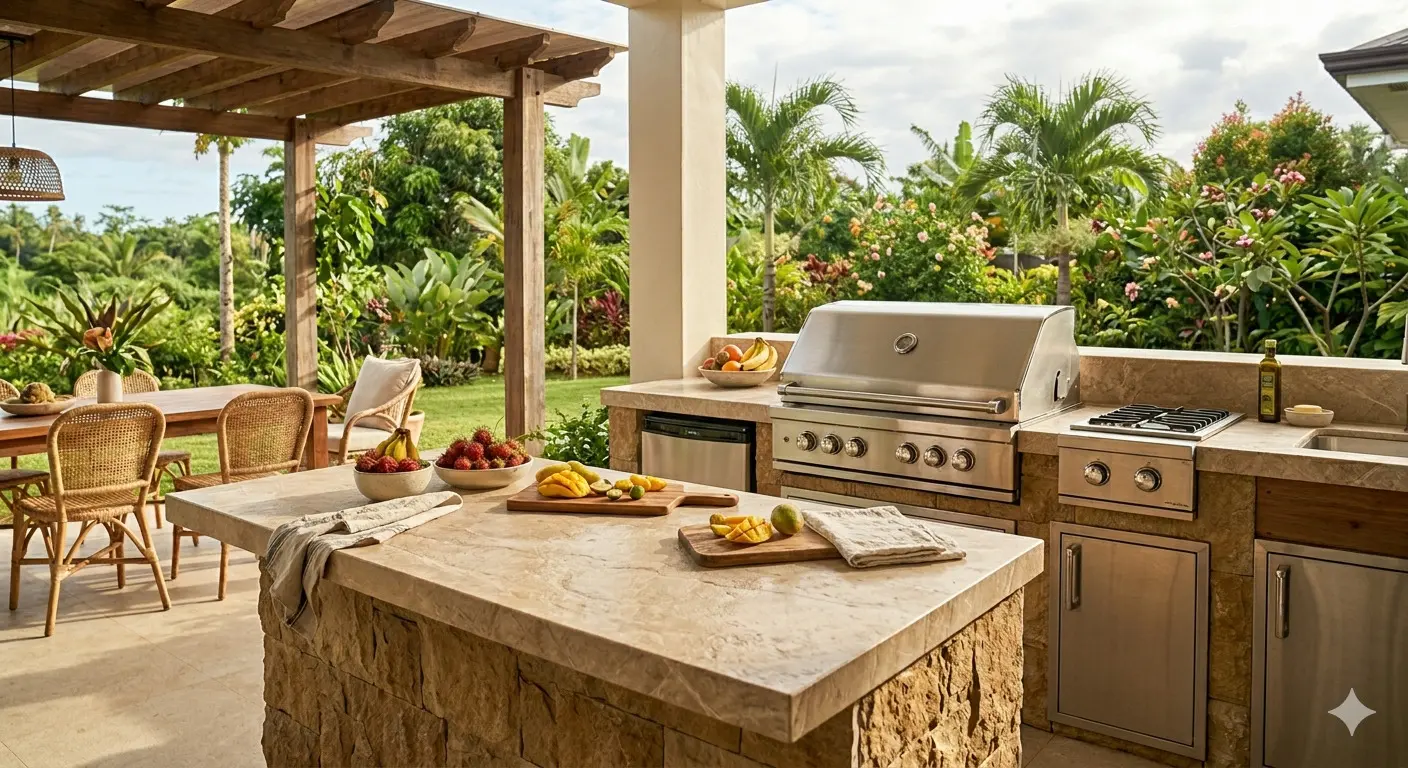 Outdoor kitchen with natural stone countertops and built-in grill surrounded by tropical landscaping