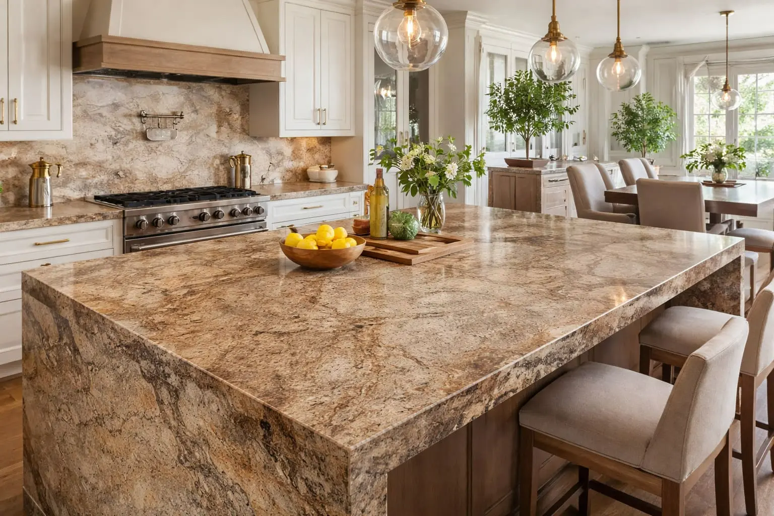 Large granite kitchen island with matching backsplash in a classic white and gold kitchen
