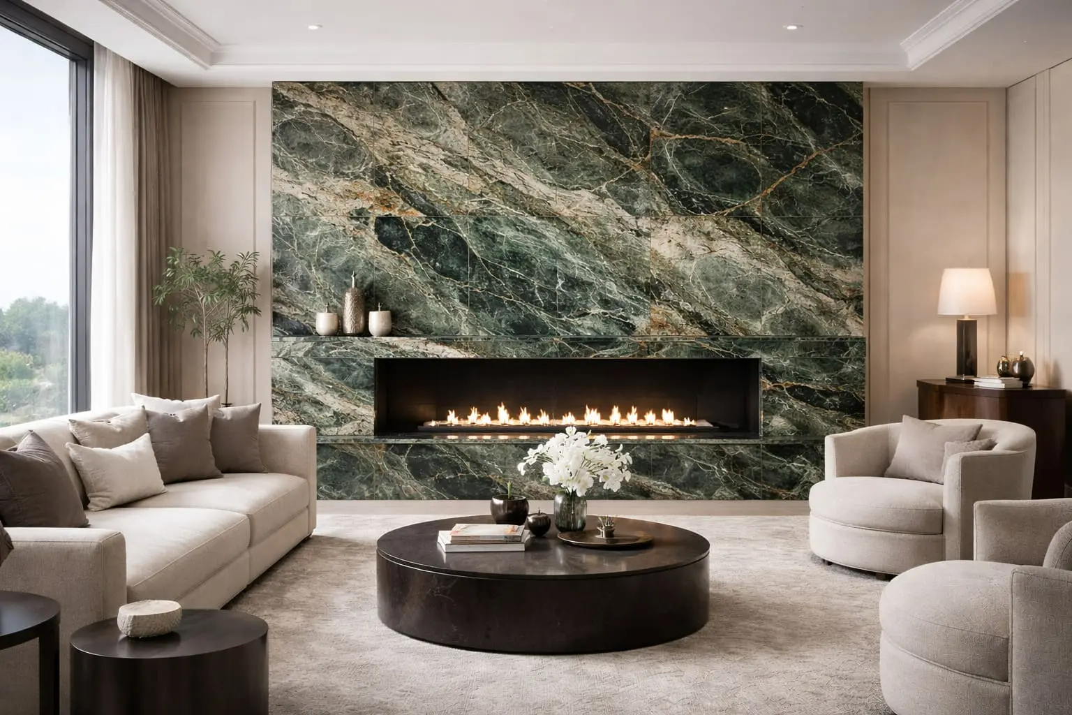 Contemporary living room with full-wall green marble fireplace surround