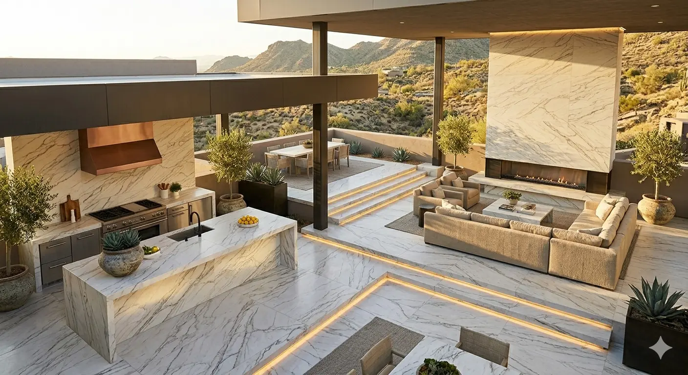 Luxury outdoor living space with natural stone floors, island, and fireplace against a desert mountain backdrop
