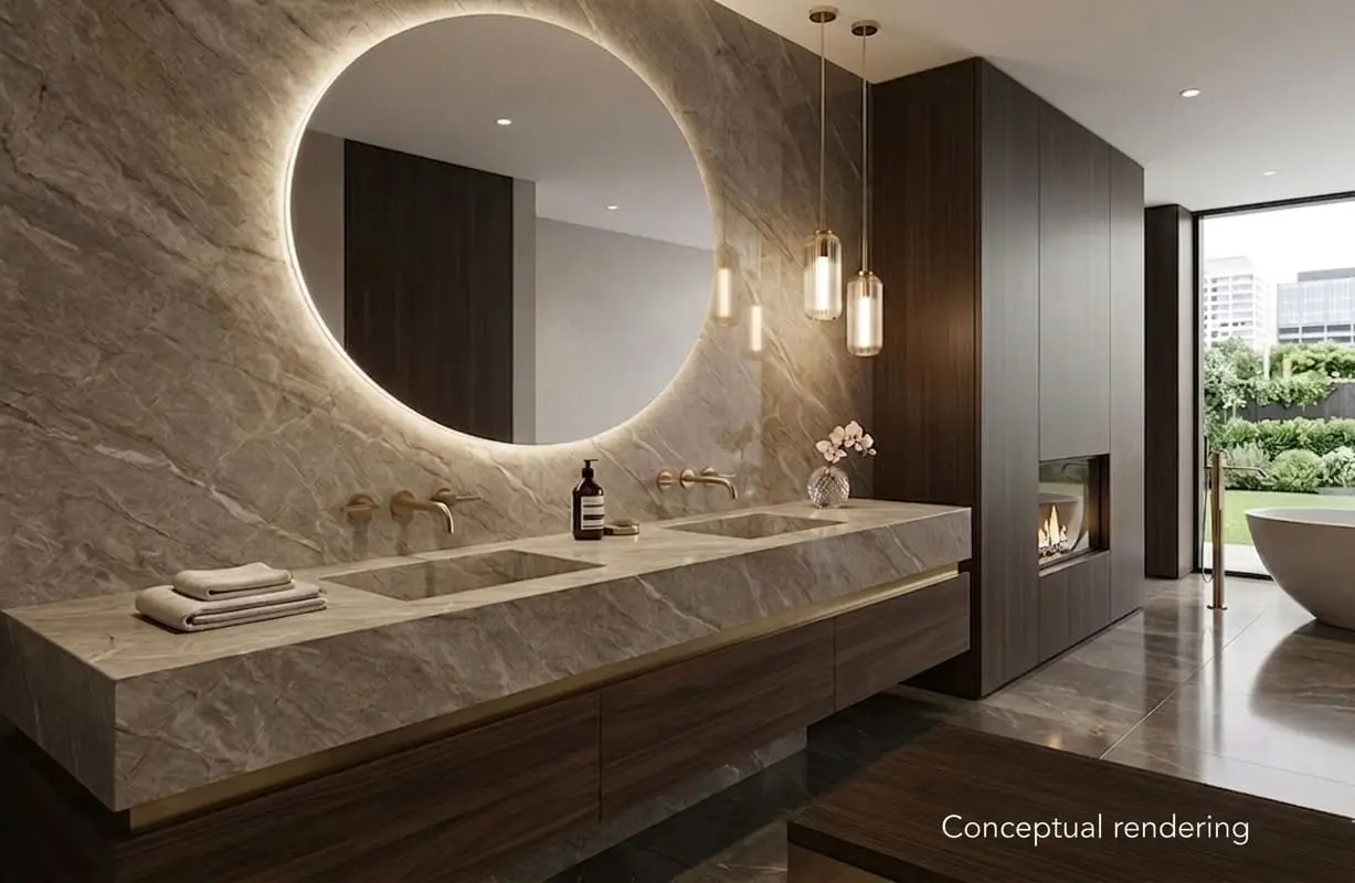 Allure quartzite double vanity and feature wall in a luxury bathroom