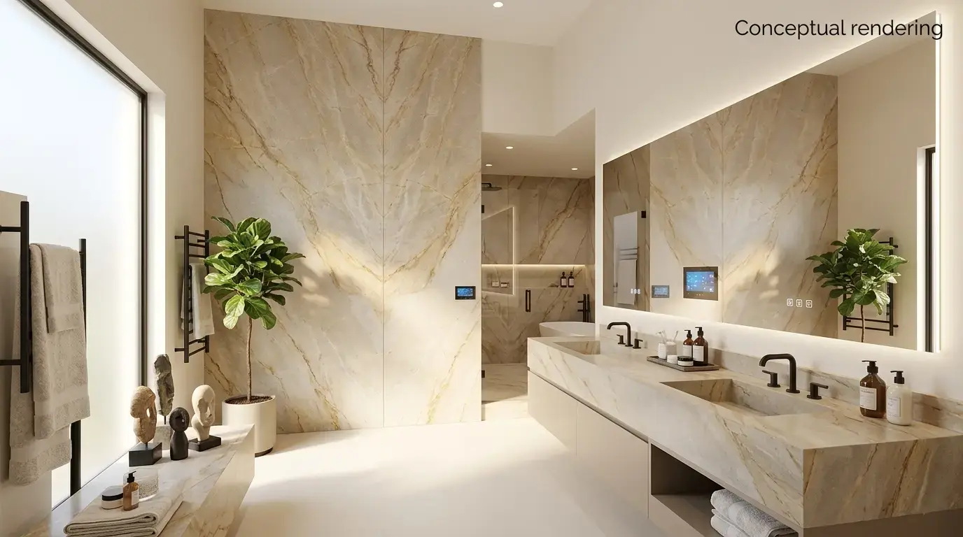 Conceptual rendering of honed qaurtzite in bathroom