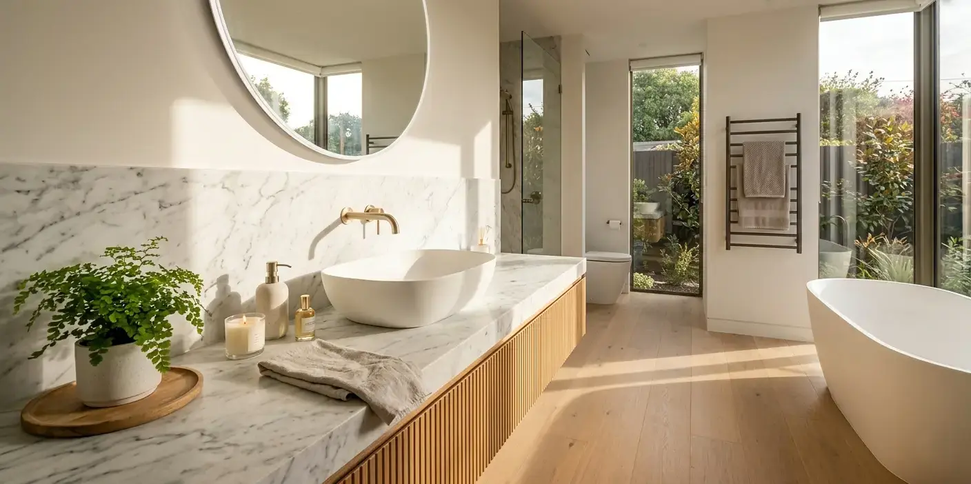 Conceptual rendering of a bathroom countertop slab extended as a seamless backsplash behind a freestanding basin
