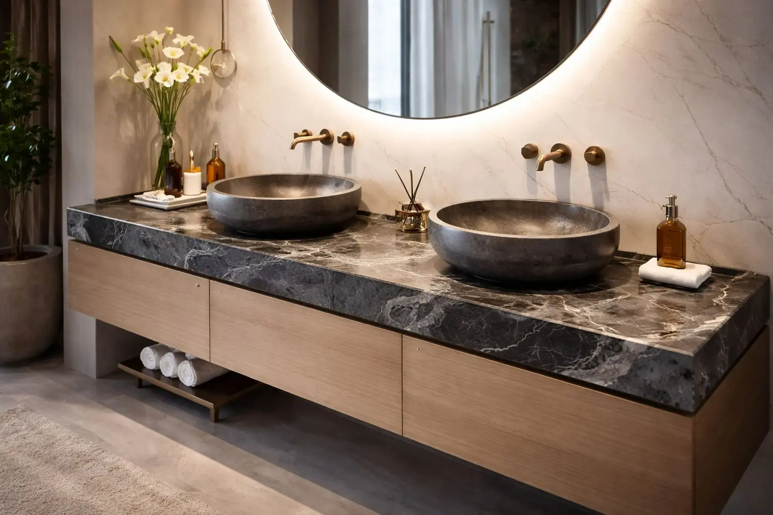 Conceptual rendering of a dark natural stone bathroom vanity countertop with vessel sinks and wood cabinet