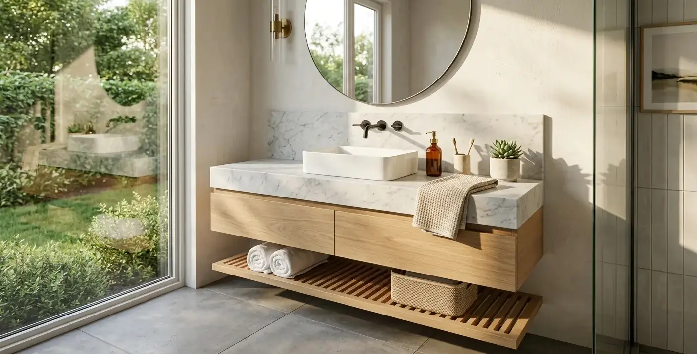 Conceptual rendering of a honed natural stone bathroom countertop slab with subtle gray accent movement on a single vanity