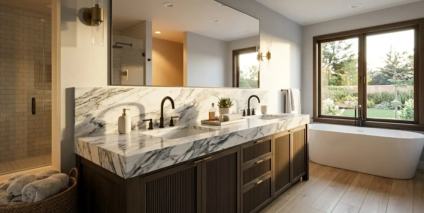 Conceptual rendering of a bathroom countertop slab featuring marble-like gray and silver veining on a double vanity