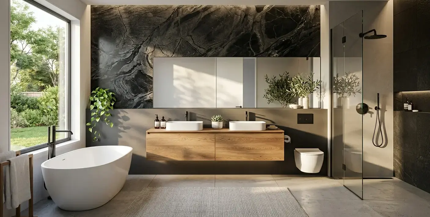 Conceptual rendering of a cross-cut black backsplash slab with gray veining in a contemporary bathroom