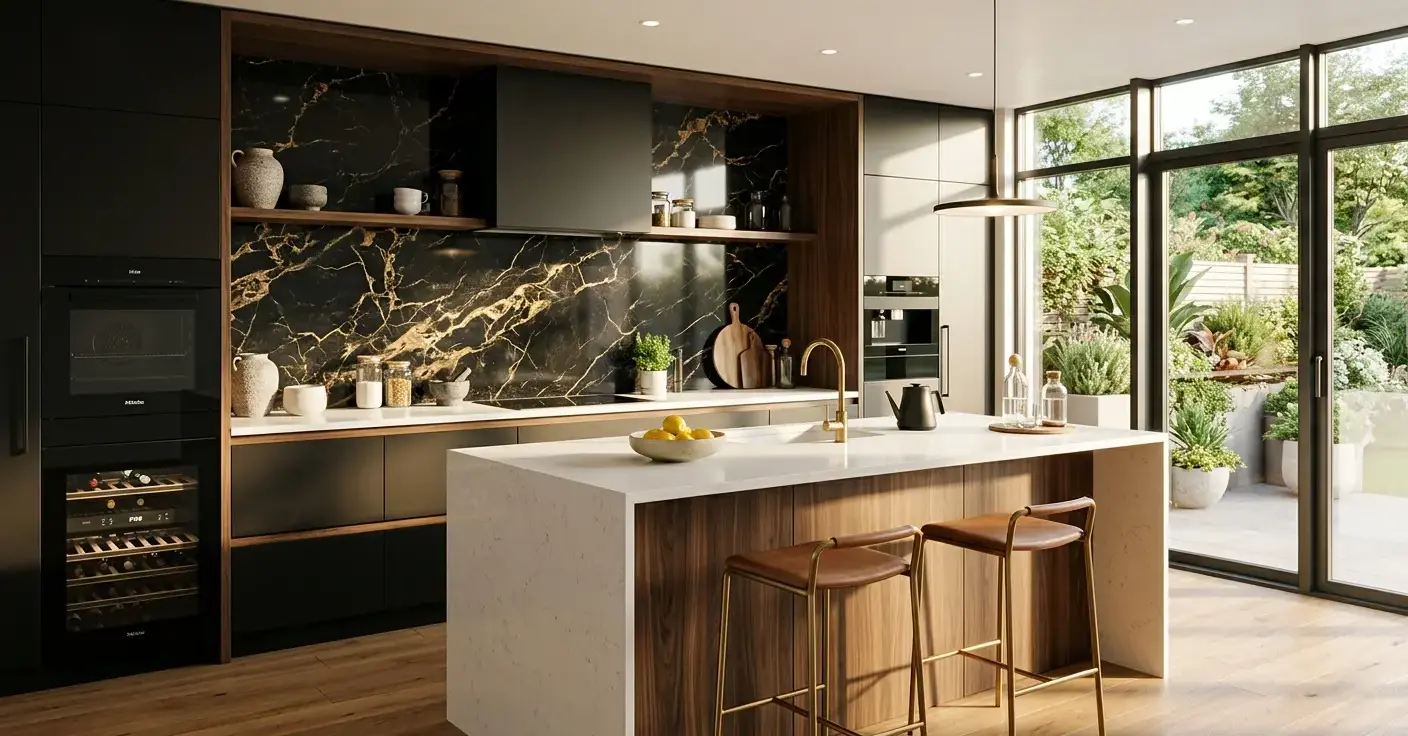 Conceptual rendering of a polished black backsplash slab with gold veining in a modern kitchen