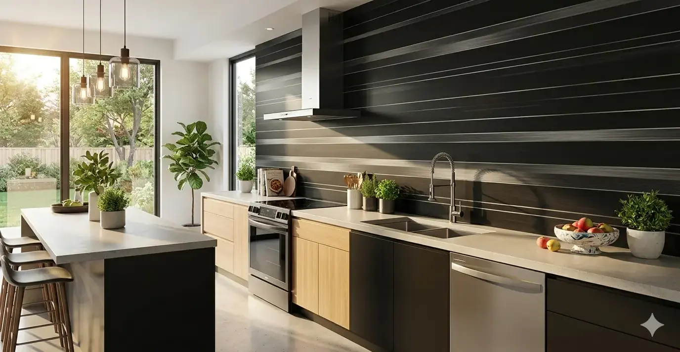 Conceptual rendering of a linear pattern black backsplash slab with silver accent tones