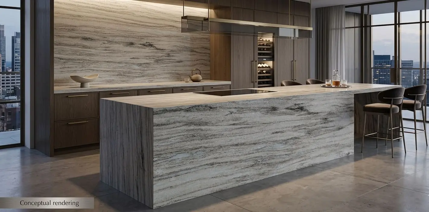 Conceptual rendering of kitchen island with a continuous, horizontal grey and brown vein-cut marble countertop
