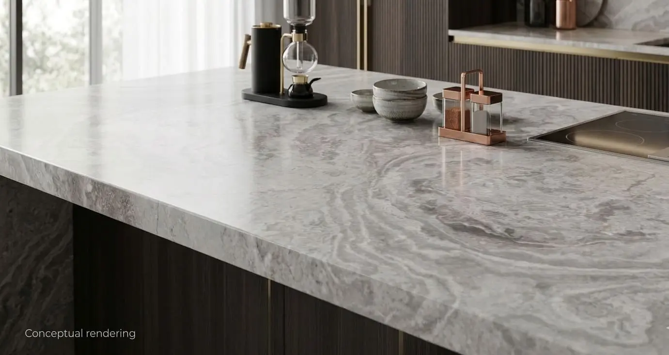 Conceptual rendering of close-up of a luxury kitchen featuring a seamless, single-slab cross-cut marble countertop