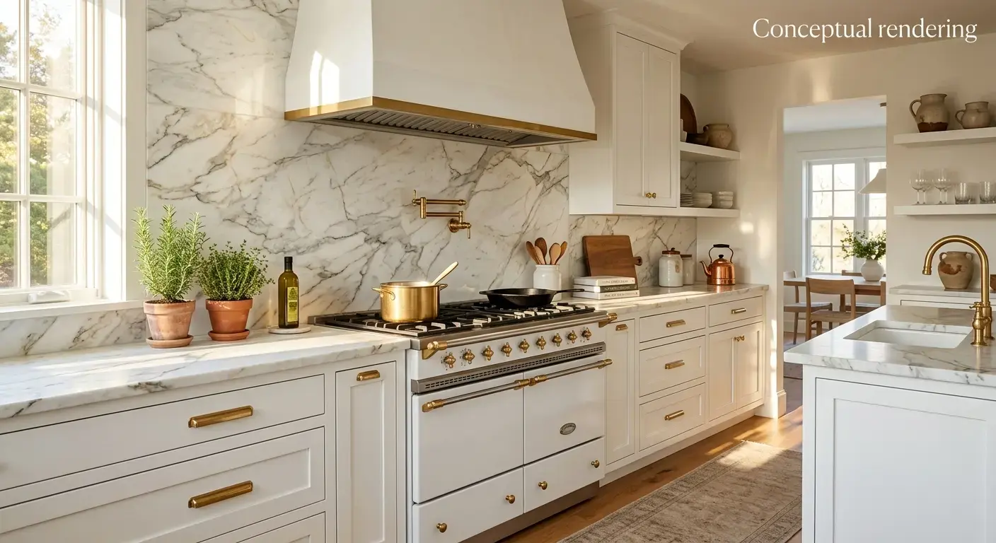 Conceptual rendering of quartzite in kitchen backsplash