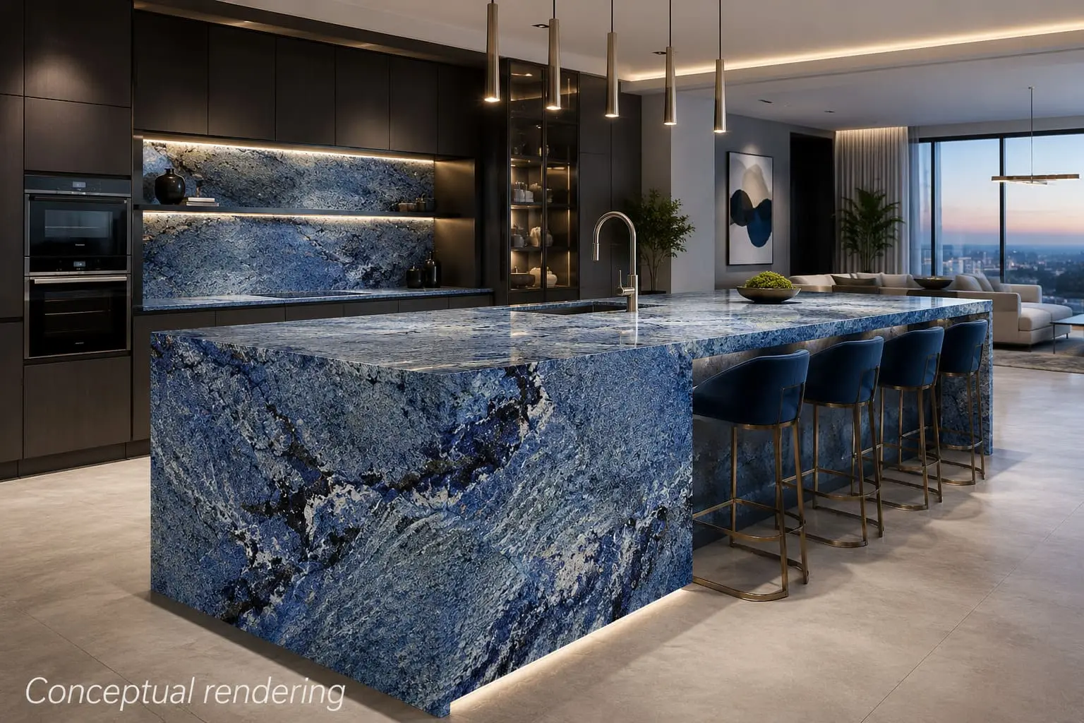 Conceptual rendering of modern kitchen featuring a seamless blue kitchen island in a high-end interior design setting
