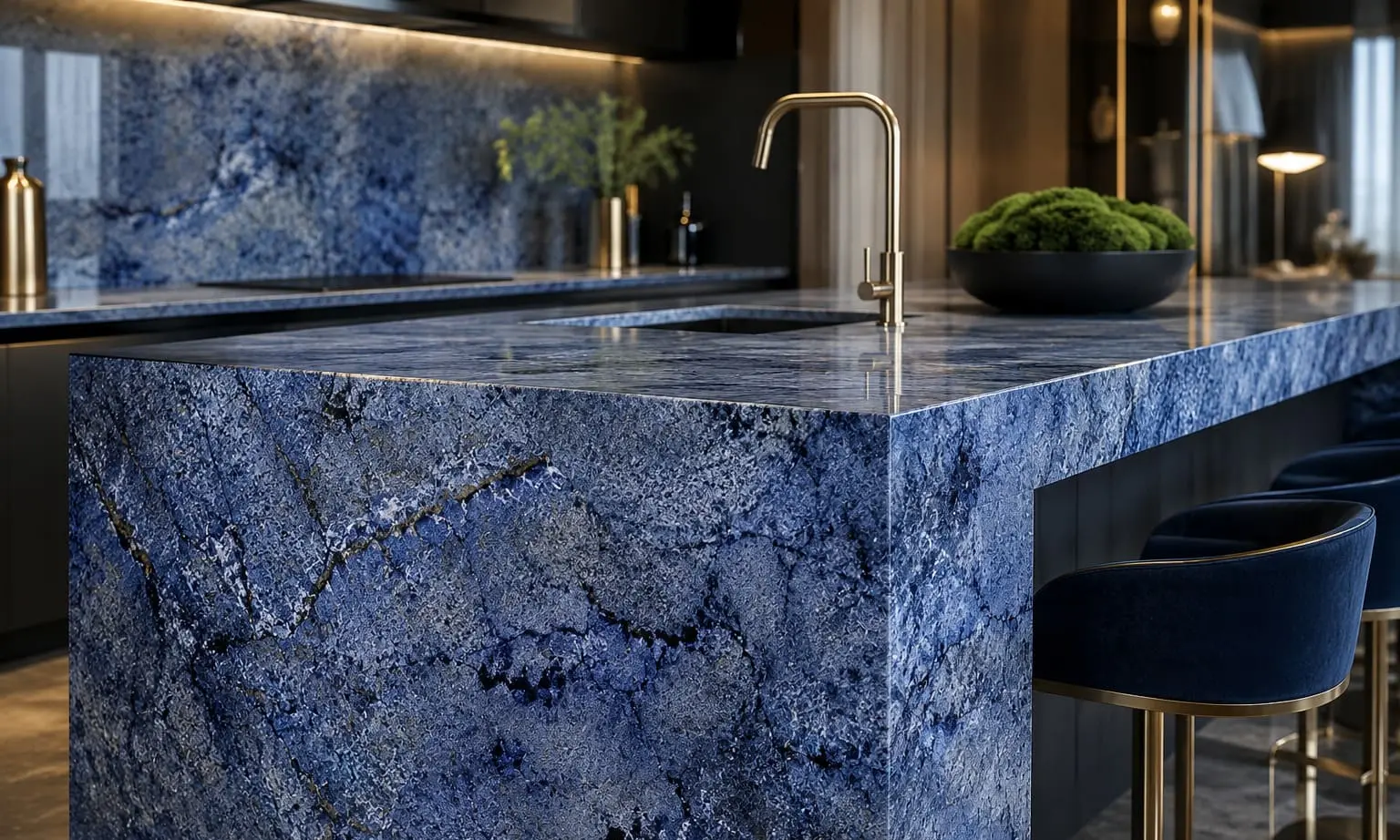 Conceptual rendering of luxury interior featuring a seamless blue kitchen island in a modern high-end kitchen design