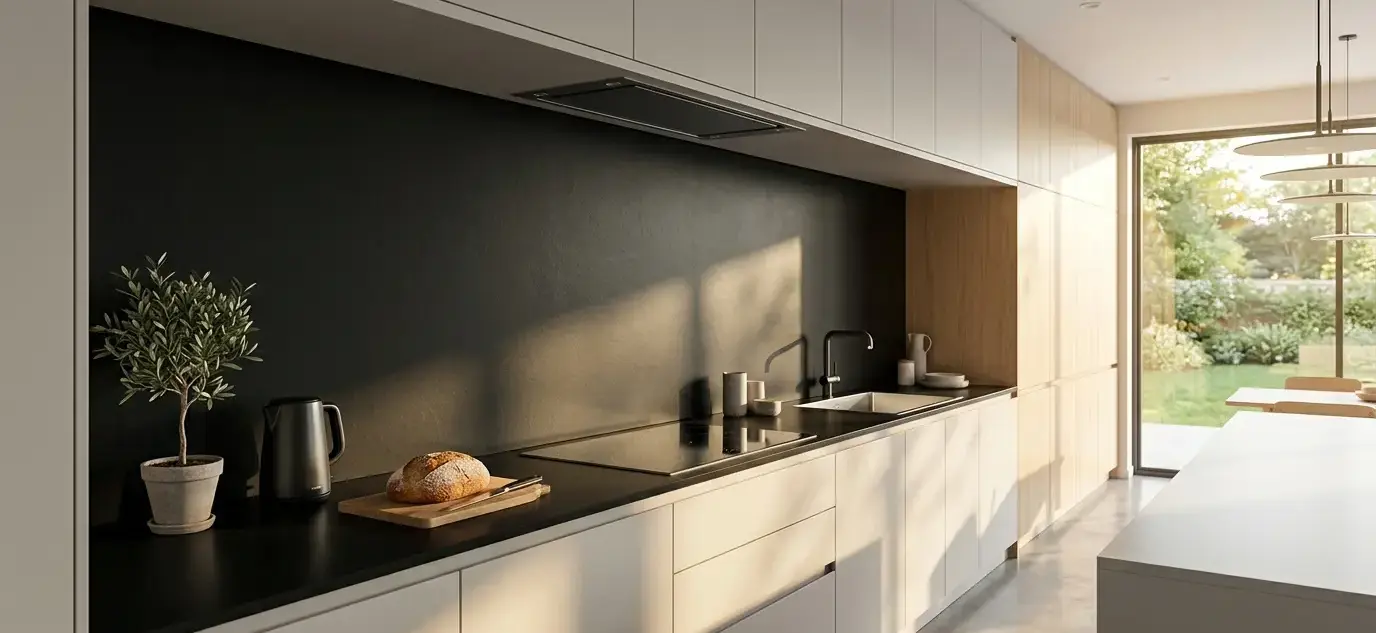 Conceptual rendering of a large format porcelain black backsplash slab in a minimalist kitchen setting