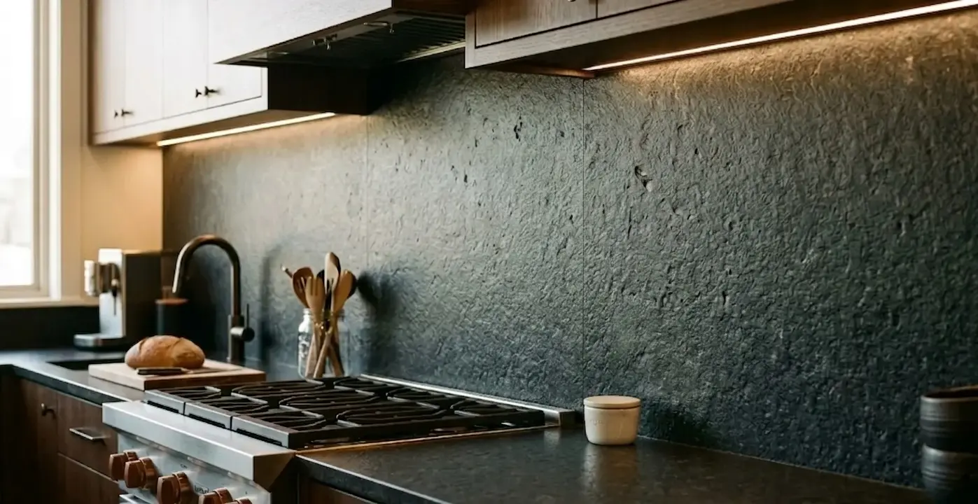 Conceptual rendering of leathered absolute black granite backsplash close-up showing natural stone texture