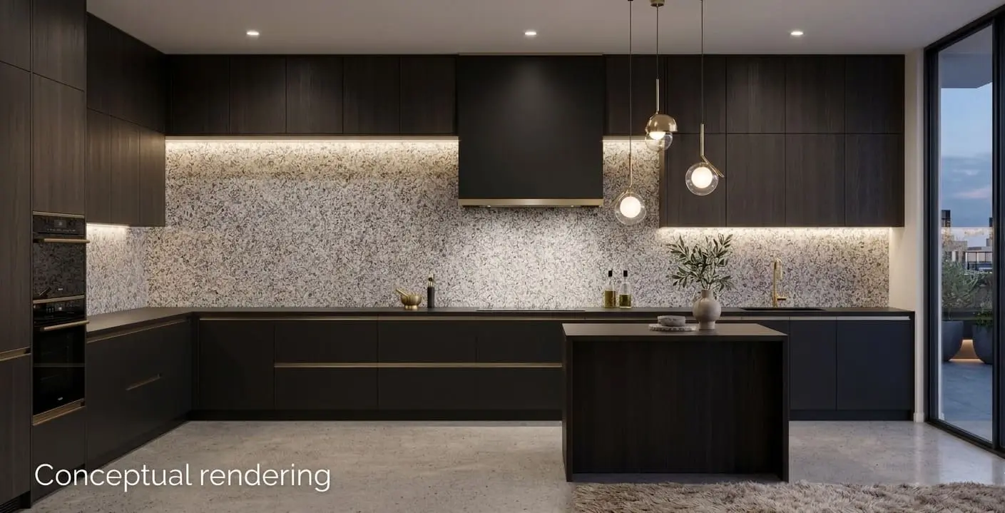 Conceptual rendering of kitchen with a unique grey granite backsplash, dark wood cabinets, and gold accents