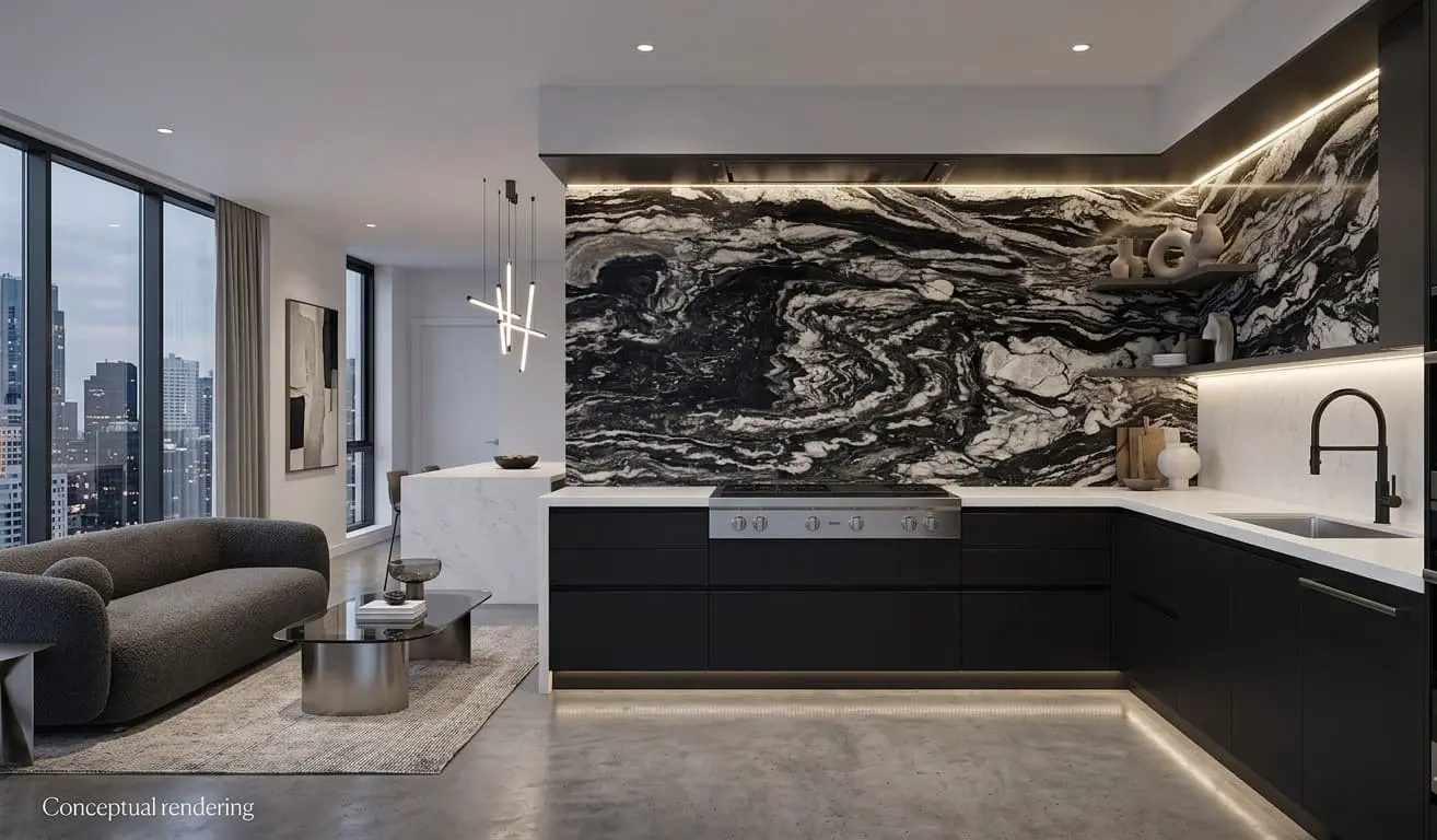 Conceptual rendering of modern kitchen and living room with a prominent, black granite backsplash