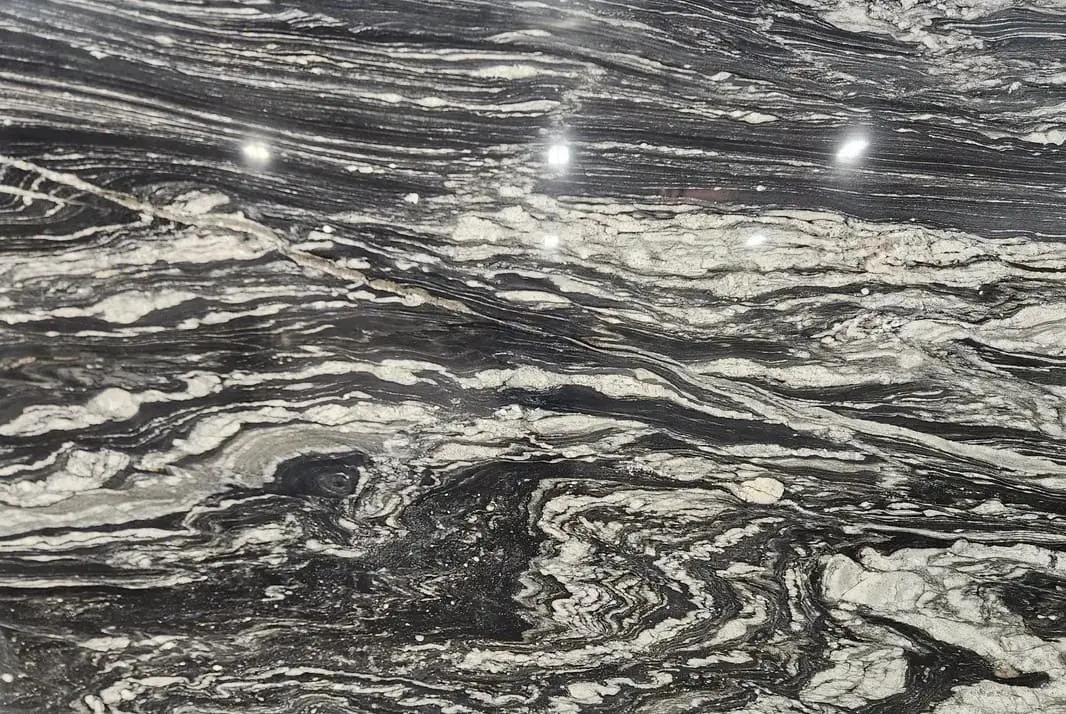 Explosion Black Granite Slab at Nova Tile and Stone showroom