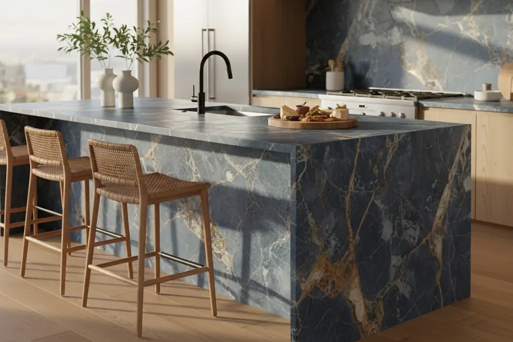 Conceptual rendering of blue marble in kitchen backsplash