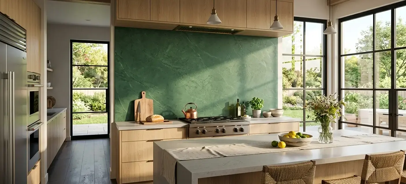 Conceptual rendering of a large-format green porcelain backsplash slab in a kitchen