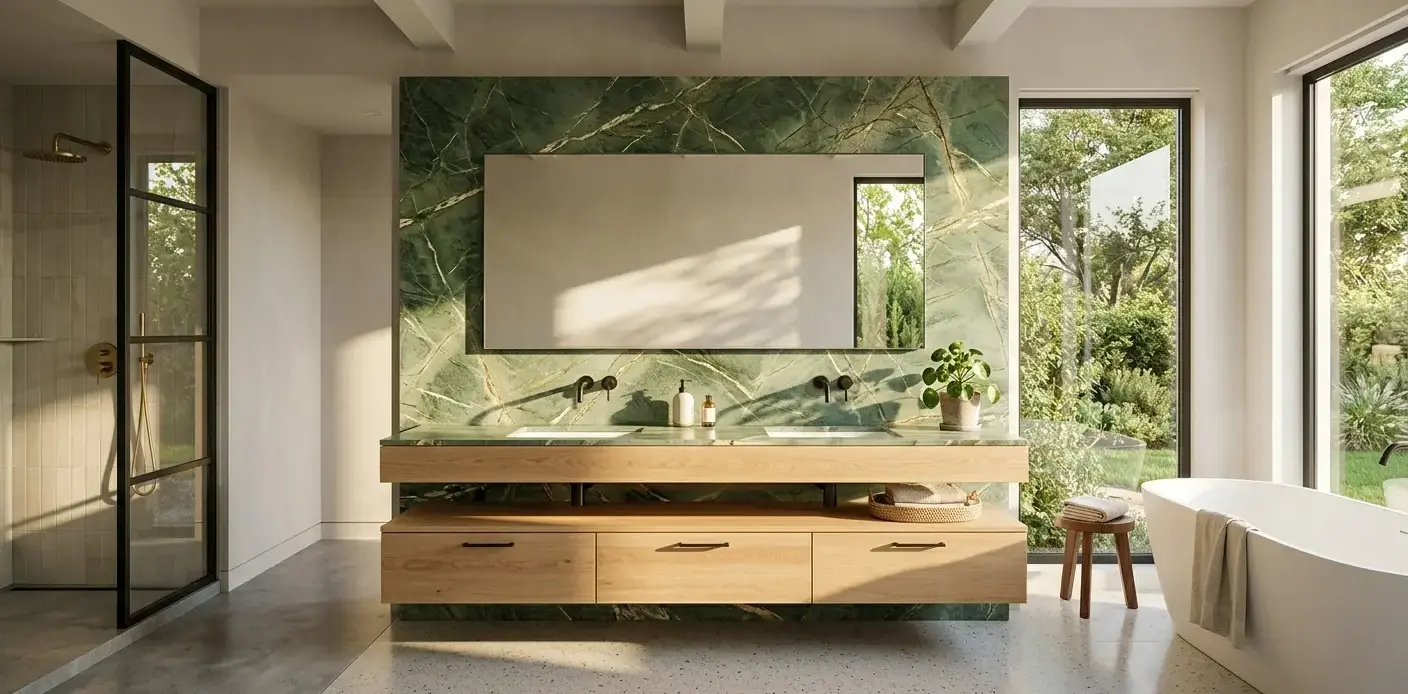 Conceptual rendering of a green backsplash slab with artistic veins in a modern bathroom