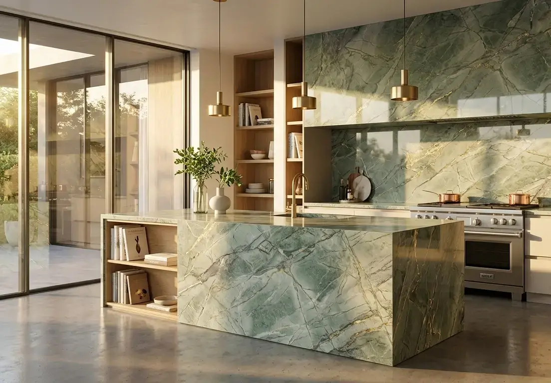 Conceptual rendering of a cross-cut green marble slab with gray and gold accent veins
