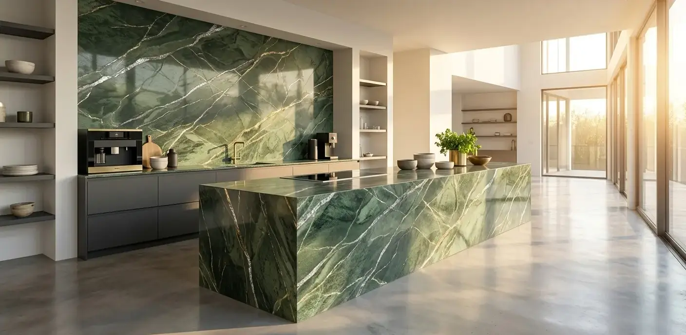 Conceptual rendering of a polished green quartzite slab with silver and gold veining