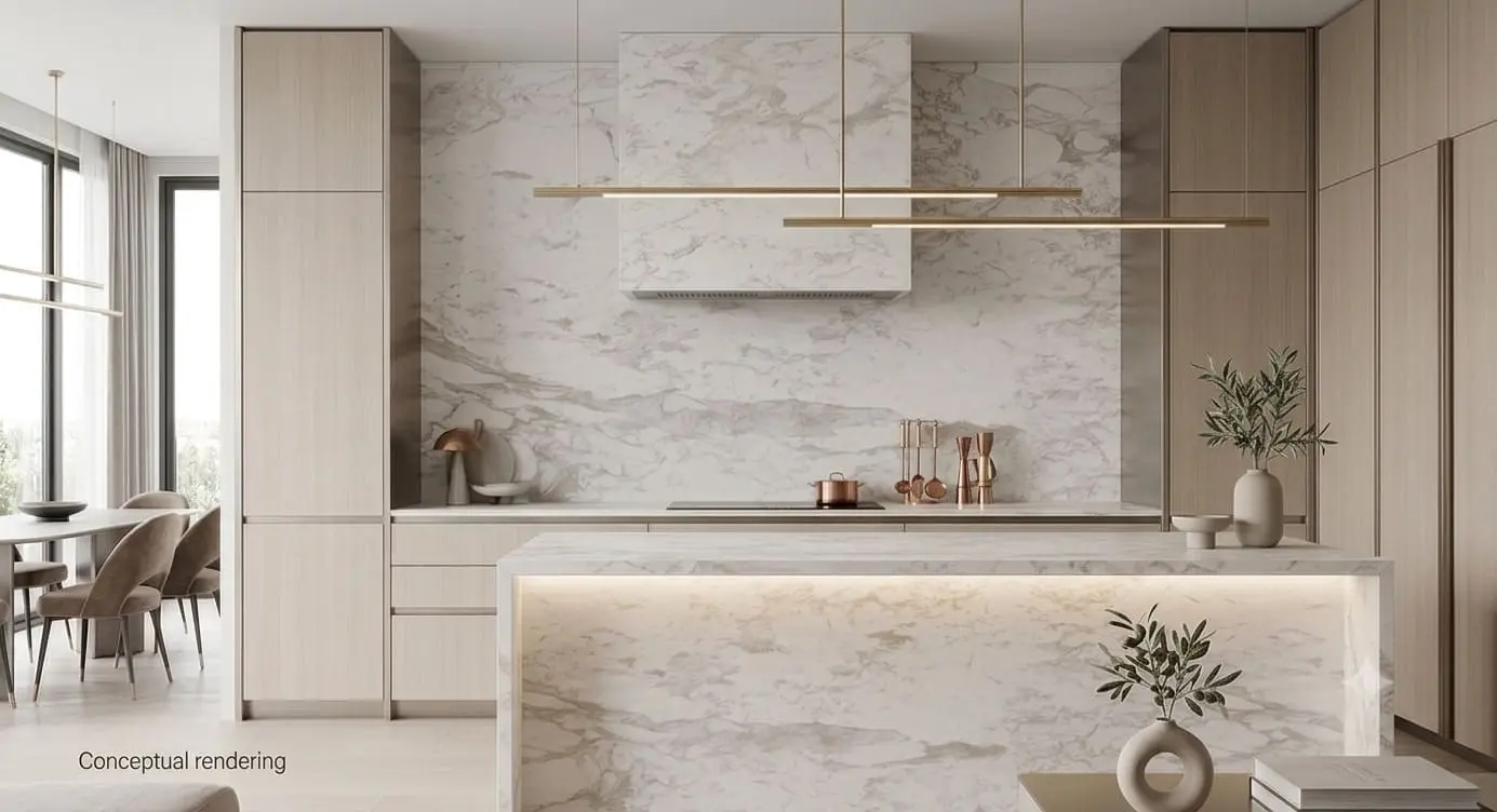 Conceptual rendering of luxury kitchen featuring a seamless marble backsplash and matching island