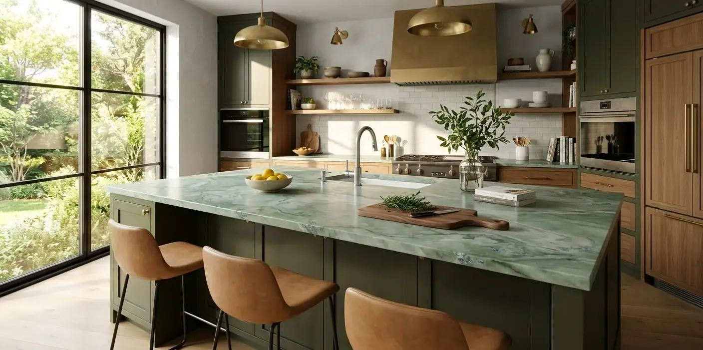 Conceptual rendering of a green stone island countertop with soft cloudy veining and blue-gray accents
