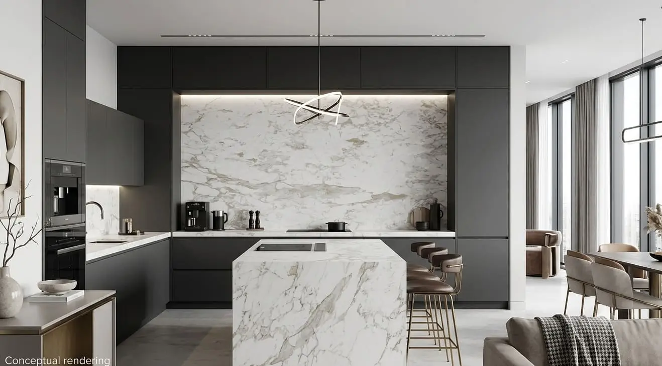 Conceptual rendering of kitchen featuring a seamless, single-slab marble backsplash