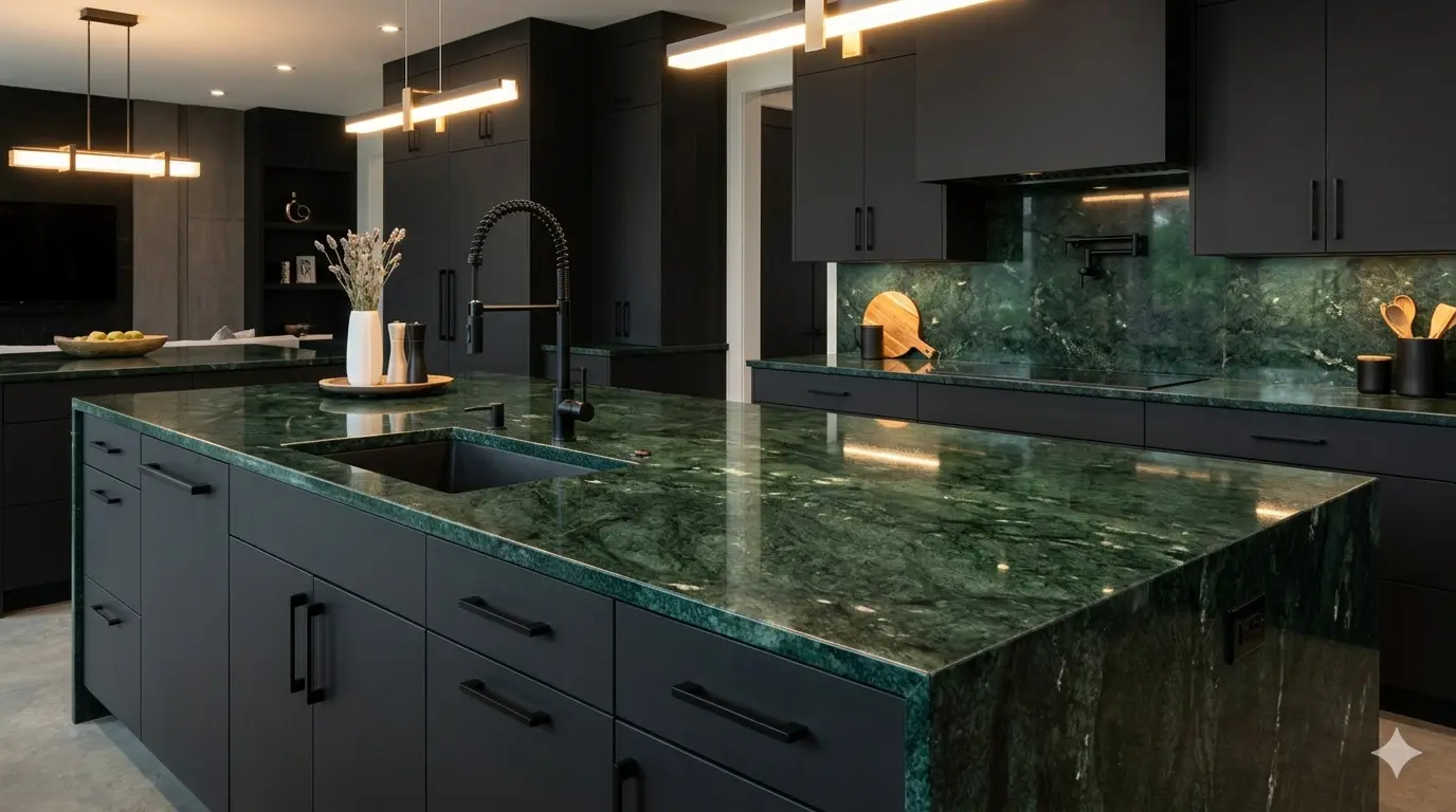 Conceptual rendering of green granite in kitchen island