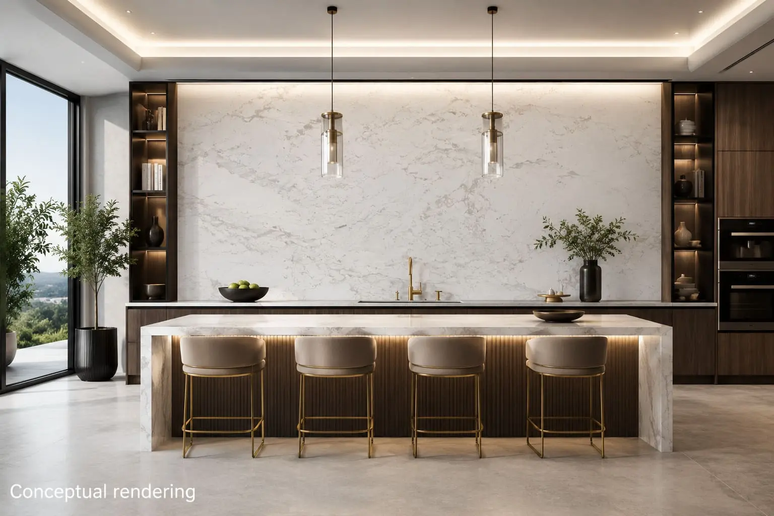 Conceptual rendering of full slab marble backsplash in a luxury modern kitchen interior