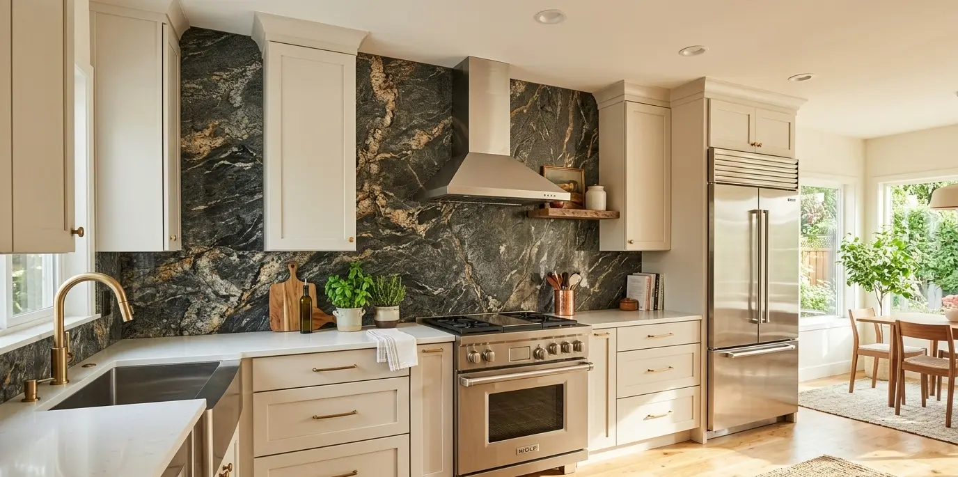 Conceptual rendering of Titanium granite backsplash installed as full-height kitchen feature walll
