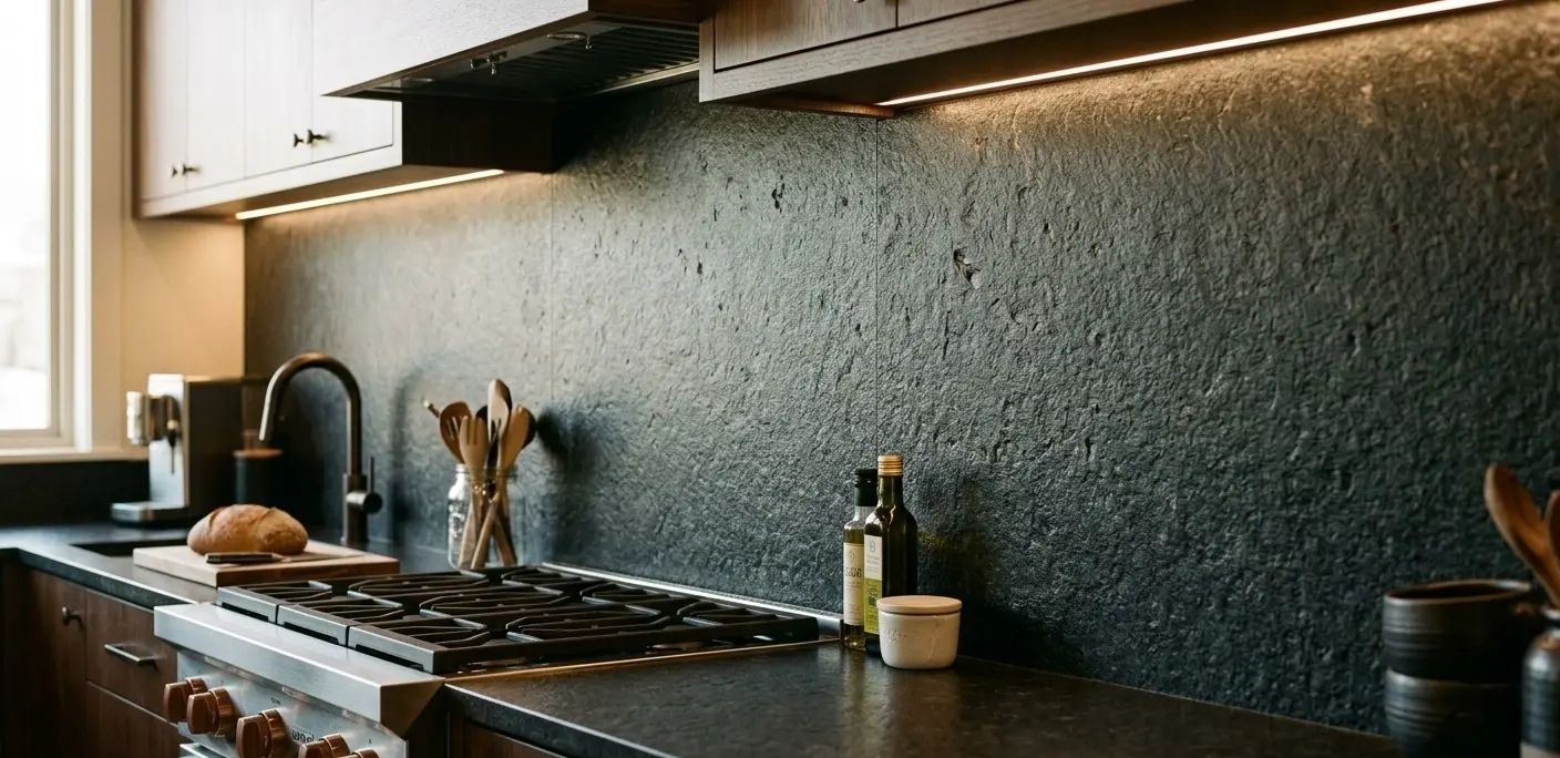 Conceptual rendering of leathered absolute black granite backsplash close-up showing natural stone texture