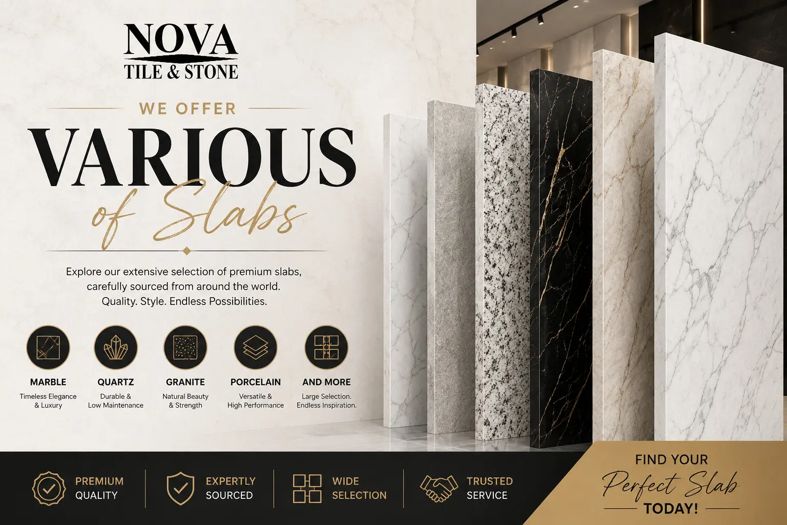Various of slabs at Nova Tile and Stone Slogan